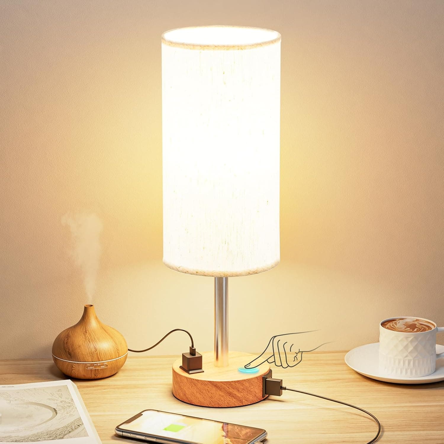 Bedside Table Lamp with USB Ports & Outlets